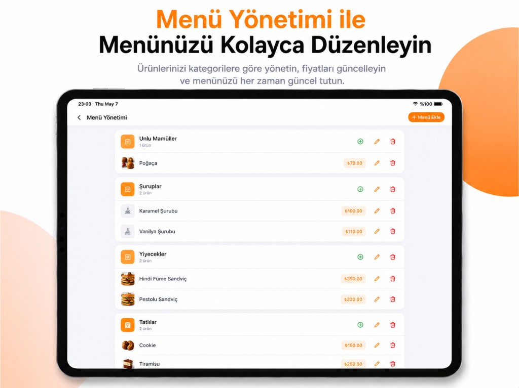 Orderix menü yönetimi ekranı