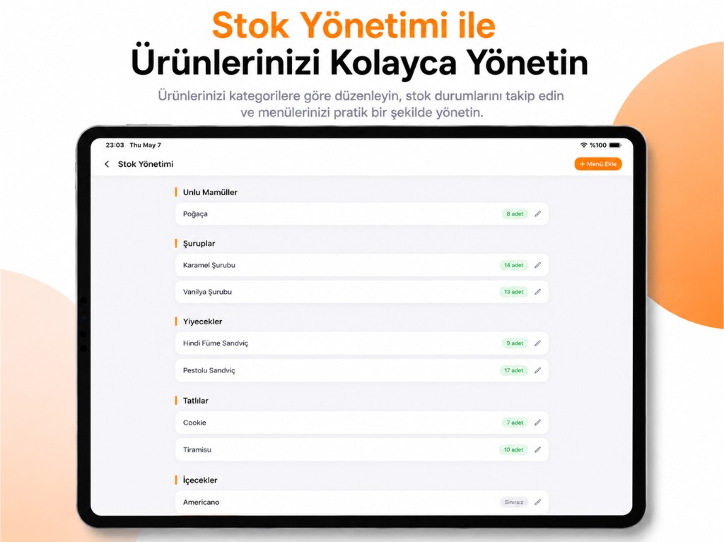 Orderix stok yönetimi ekranı